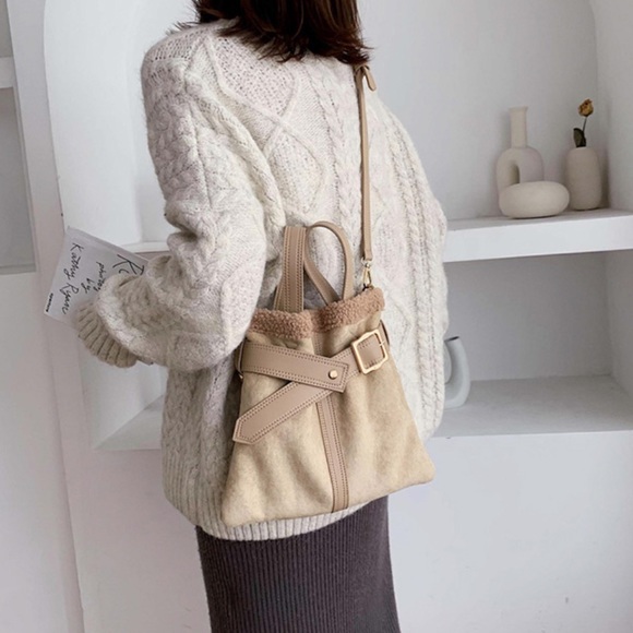Bucket bag shoulder duo-style womens khaki cream belt magnet fuzzy soft leather - Picture 4 of 10
